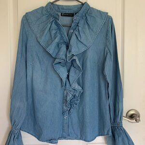 New York and Company Women's Ruffle Blouse, Denim-Like Blue, size XS NWT